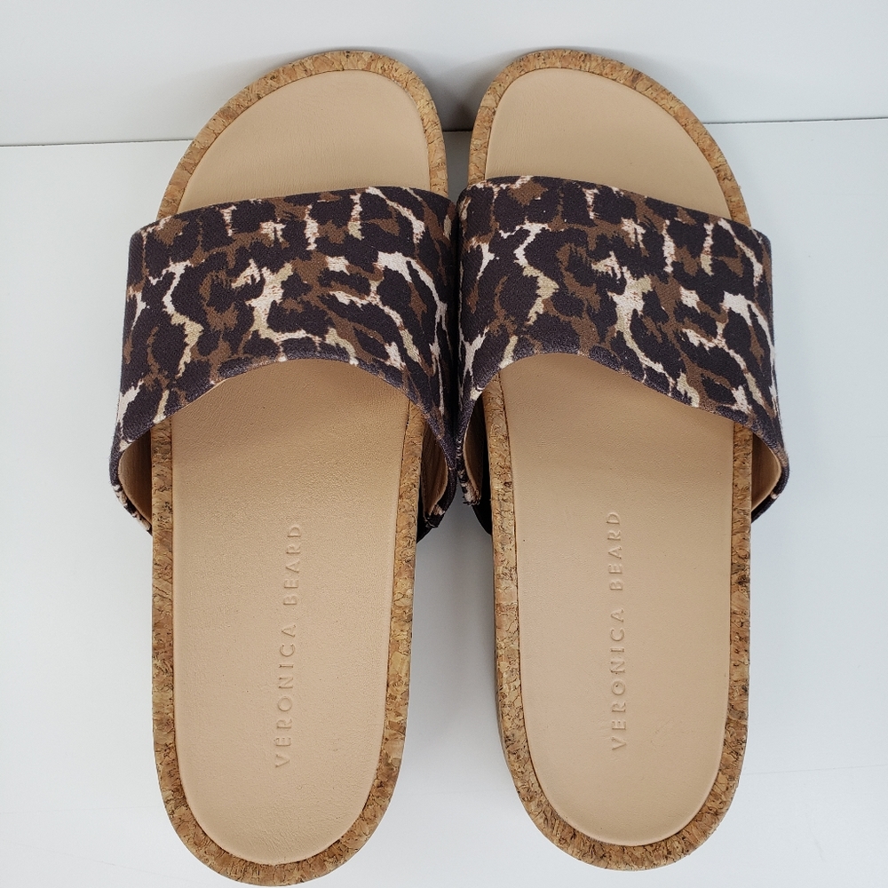 Veronica Beard Leopard Print Fabric Slides Cork-L… - image 5